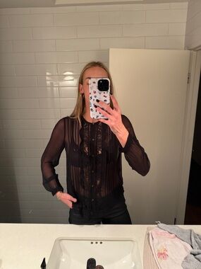 Rebecca Taylor Sheer Black Lace-Front Blouse